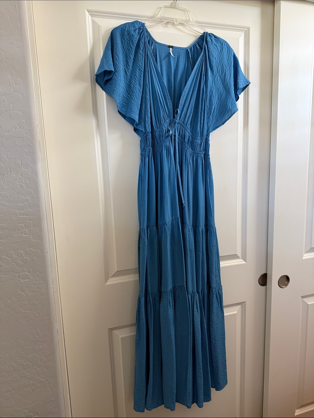 Light Blue Maxi Dress with V-Neck and Tiered Skirt